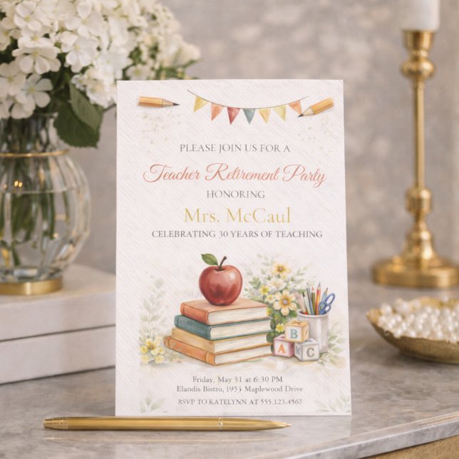 Teacher Legacy Honour Invitation (Teacher retirement celebration with watercolor classroom details and apple book accents)
