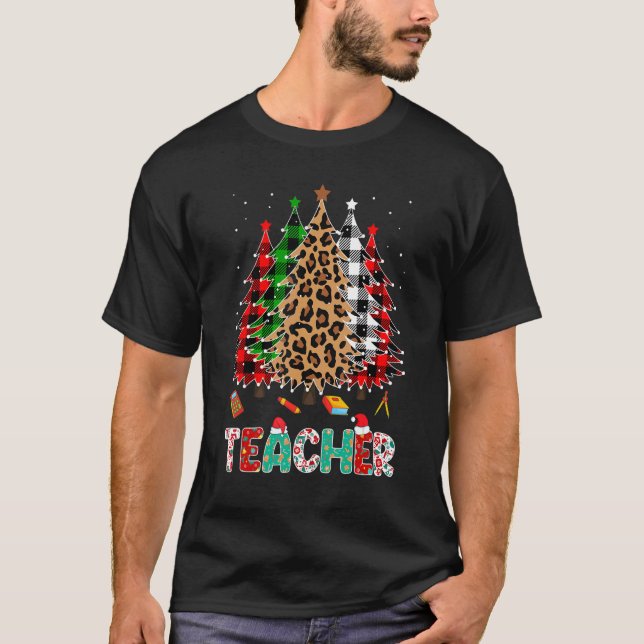 Teacher Leopard Red White Green Plaid Christmas Tr T-Shirt (Front)