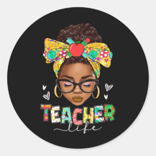 Teacher Life Messy Bun Afro African American Byck  Classic Round Sticker