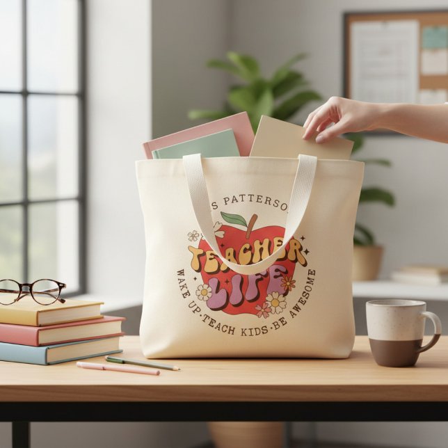 Teacher Life Wake Teach School Personalized Name Large Tote Bag (Creator Uploaded)