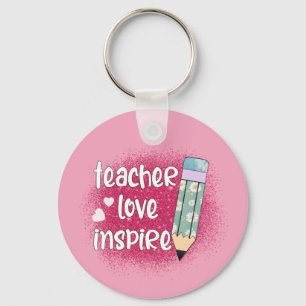 Teacher Love Inspire -Pink Glitter & Floral Pencil Keychain
