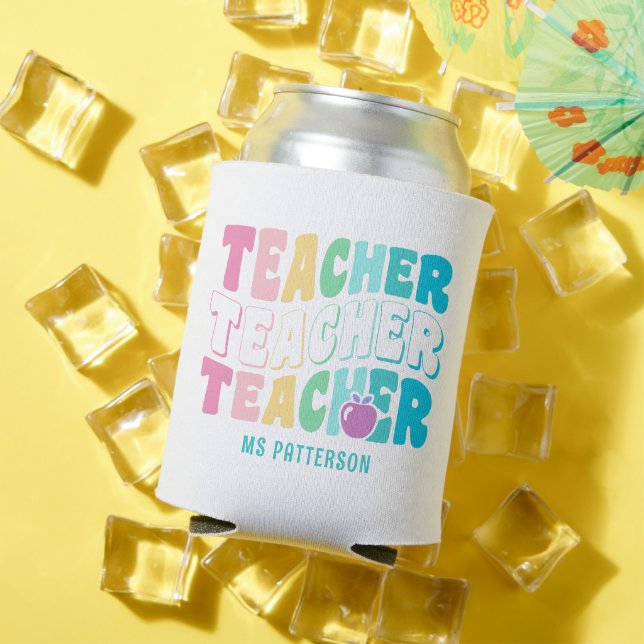Teacher Modern Rainbow Colours Personalized Name Can Cooler (In Situ Summer)