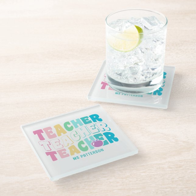 Teacher Modern Rainbow Colours Personalized Name Glass Coaster (Angled)