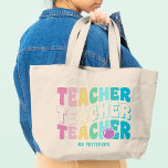 Teacher Modern Rainbow Colours Personalized Name Large Tote Bag<br><div class="desc">Teacher Modern Rainbow Colours Personalized Name Tote Bag features the text "Teacher" in modern rainbow colour repeat script typography with your custom personalized name below. Perfect for your favourite teacher for teacher appreciation,  birthday,  Christmas,  holidays and more. Designed by Evco Studio www.zazzle.com/store/evcostudio</div>