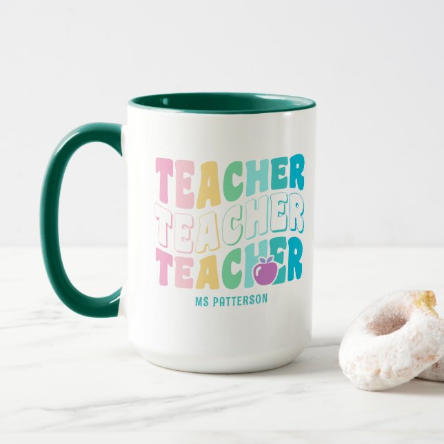 Teacher Modern Rainbow Colours Personalized Name Mug (With Donut)