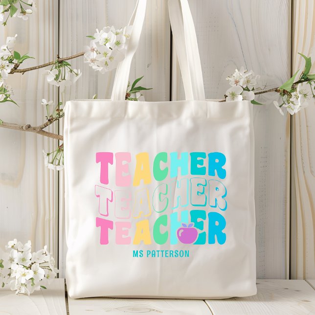 Teacher Modern Rainbow Colours Personalized Name Tote Bag (Creator Uploaded)