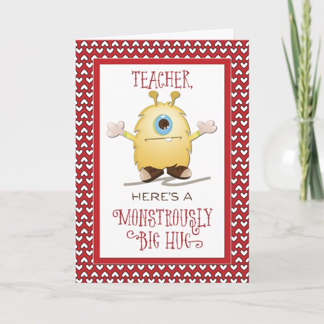 Teacher Monster Hug Valentine Hearts Holiday Card (Front)