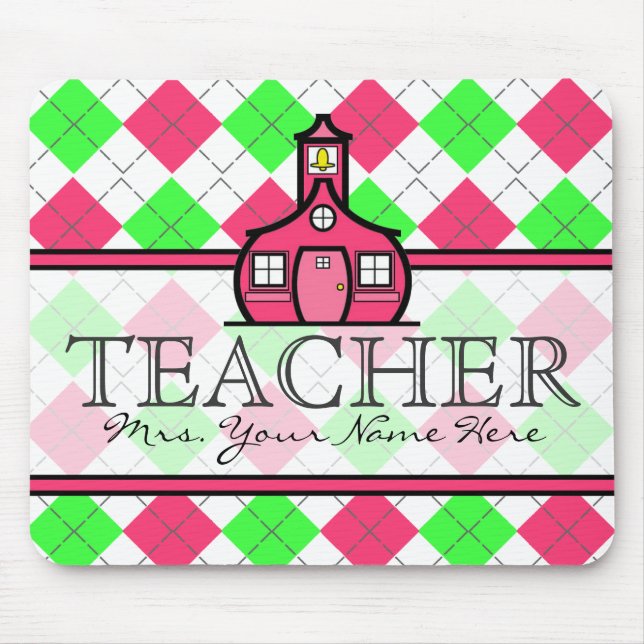 Teacher Mousepad - Hot Pink and Lime Green Argyle (Front)