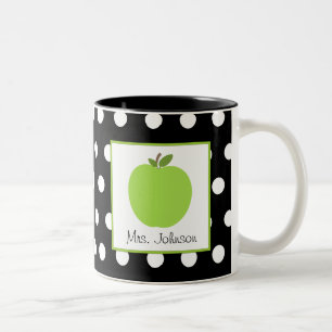 Teacher Mug Green Apple Black With White Polka Dot