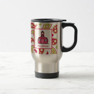 Teacher Mug Schoolhouse Pink & Green Paisley