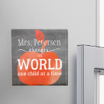 Teacher Name Chalkboard Red Apple and Quote Magnet<br><div class="desc">Name and white typography script inspired from the quote "Teachers change the world one child at a time" over a big red watercolor apple on a black blackboard background. Personalize it with your best teacher's name and make it a nice thank you keepsake gift for her/him!</div>