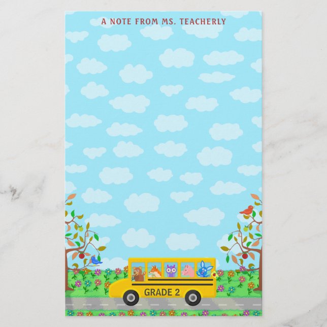 Teacher Name Classroom Notes | Cute Animals on Bus Stationery (Front)