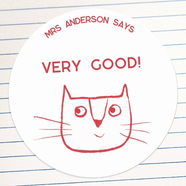 Teacher Name Encouragement Fun Cartoon Cat Classic Round Sticker (Fun kitty cat cartoon teacher name personalized encouragement message school classroom sticker)