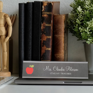 Teacher Name Red Apple White Script on Blackboard Desk Name Plate