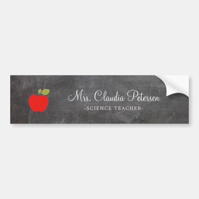 Teacher Name Red Apple White Script on Chalkboard Bumper Sticker (Front)