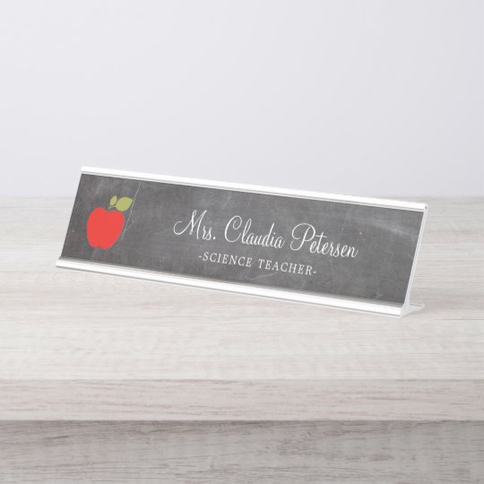 Teacher Name Red Apple White Script On Chalkboard Desk Name Plate