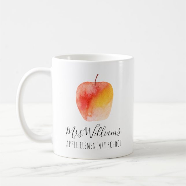 Teacher Name School Watercolor Apple Coffee Mug (Left)