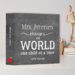 Teacher name white script quote chalkboard binder<br><div class="desc">Teacher personalized binder with red apples and white typography script quote inspired from "Teachers change the world one child at a time" on blackboard background. Personalize it with your best teacher's name and make it a thoughtful keepsake gift for her/him to express your gratitude!</div>