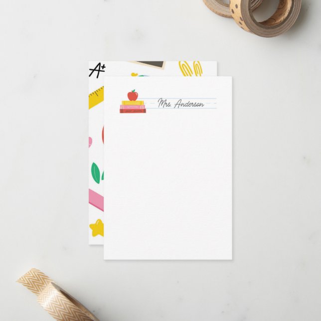 Teacher Note Cards Stationery Cute Apple and Books (Front/Back In Situ)