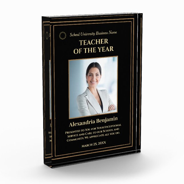 Teacher of the Year Gold Award Logo Personalize Photo Block (Left)