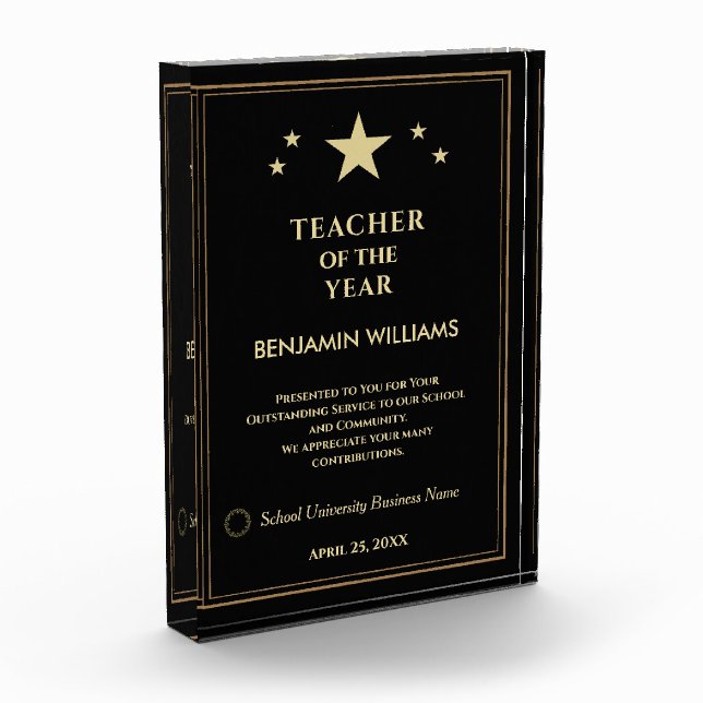 Teacher of the Year Gold Stars Logo Personalize  Photo Block (Left)