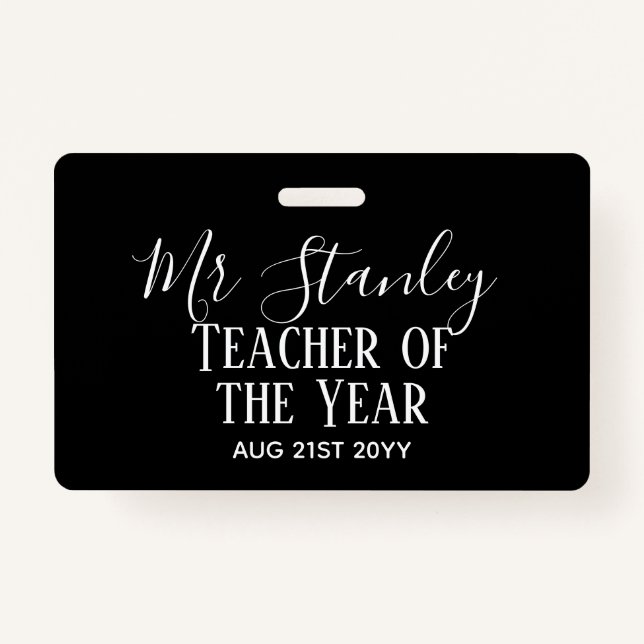 Teacher of the Year Personalized Modern Text Gift Badge (Front)