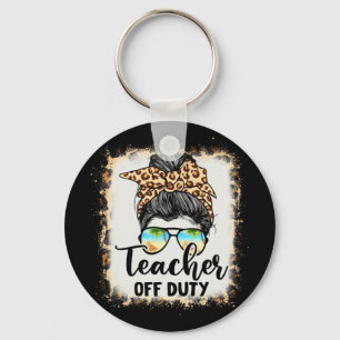 Teacher Off Duty Messy Bun Leopard Glasses Summer Keychain