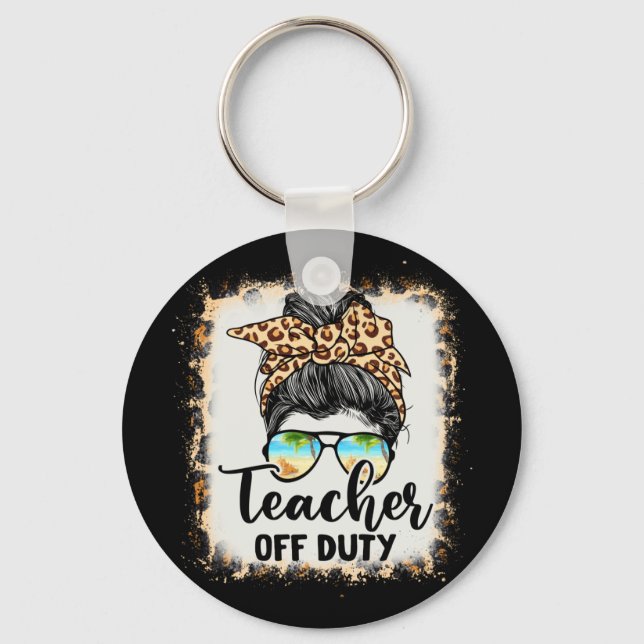 Teacher Off Duty Messy Bun Leopard Glasses Summer Keychain (Front)