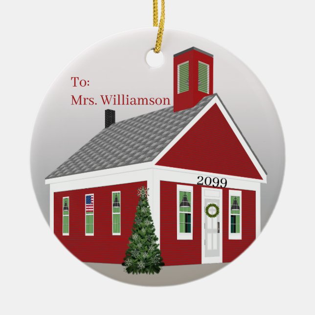 Teacher One Room School House Round Christmas Ceramic Ornament (Front)