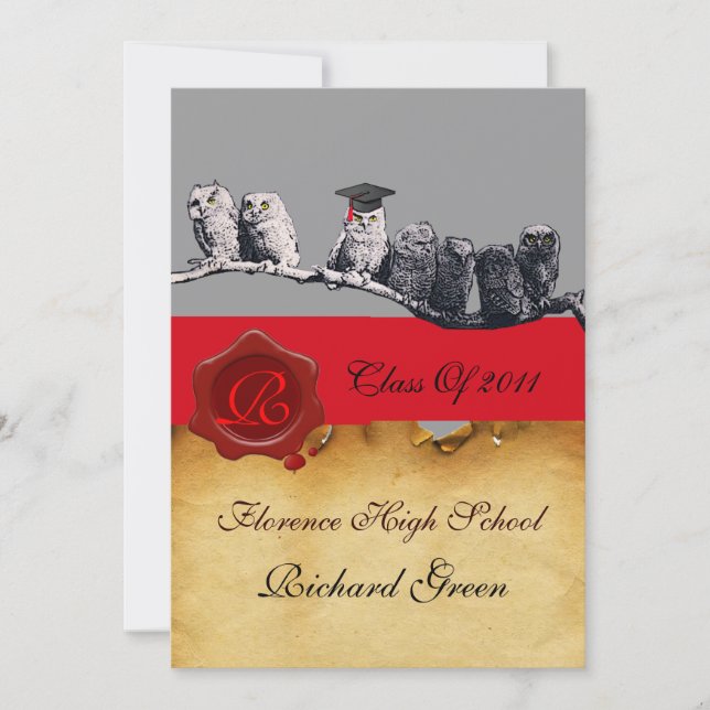 TEACHER OWL GRADUATION PARCHMENT WAX SEAL MONOGRAM INVITATION (Front)