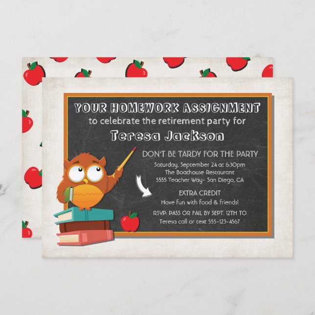 Teacher Owl with chalkboard party invitation (Front/Back)