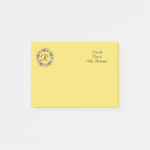 Teacher Personalized Colour Pencil Monogram 4x3 Post-it Notes