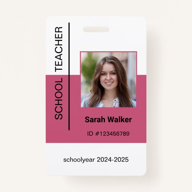 Teacher photo ID of an employee or student pink Badge (Front)