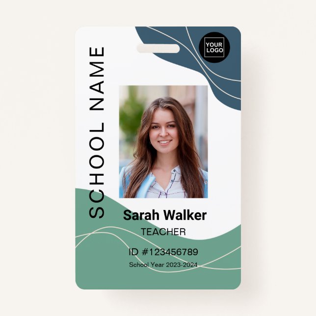Teacher photo ID of an employee student blue-green Badge (Front)