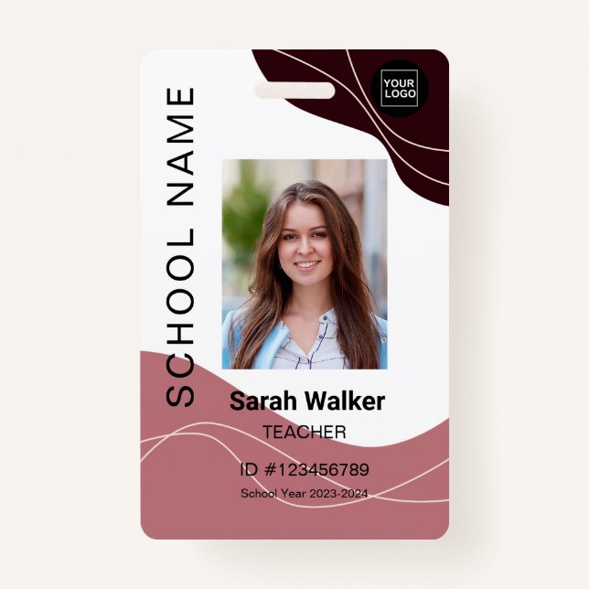 Teacher photo ID of an employee student pink-brown Badge (Front)