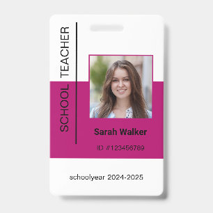 Teacher photo ID of employee or student dark pink Badge