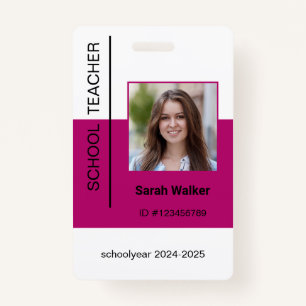 Teacher photo ID of employee or student dark pink Badge