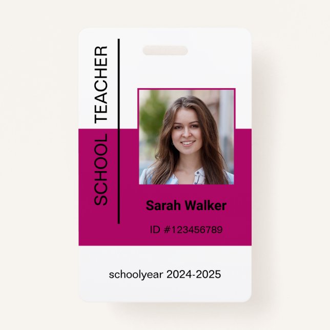 Teacher photo ID of employee or student dark pink Badge (Front)