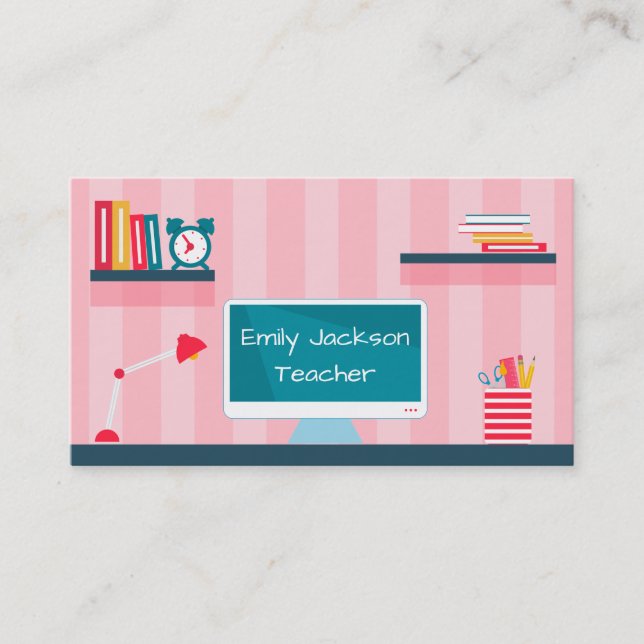 Teacher Pink Stripes School Theme Business Card (Front)