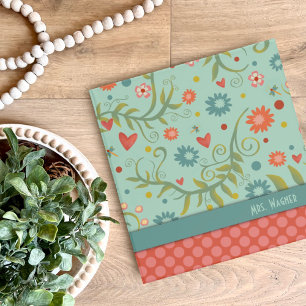 Teacher Pretty Floral Heart Custom Aqua Binder