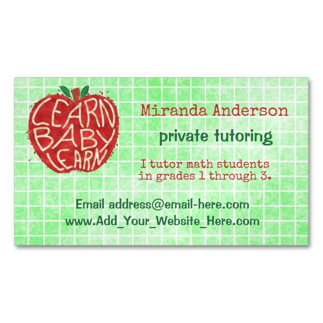Teacher Private Tutor Learn Baby Apple and Grid Magnetic Business Card (Front)