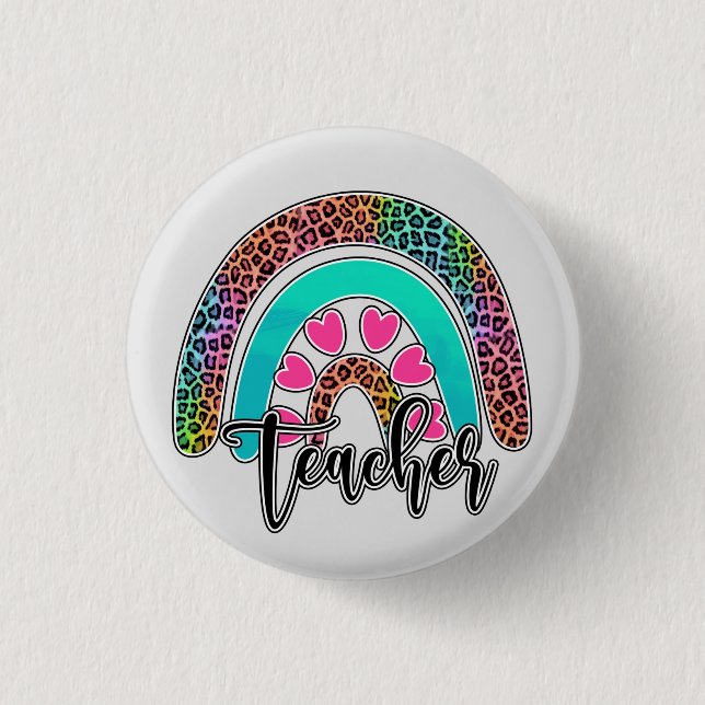 Teacher Rainbow – Colourful Leopard Print 1 Inch Round Button (Front)