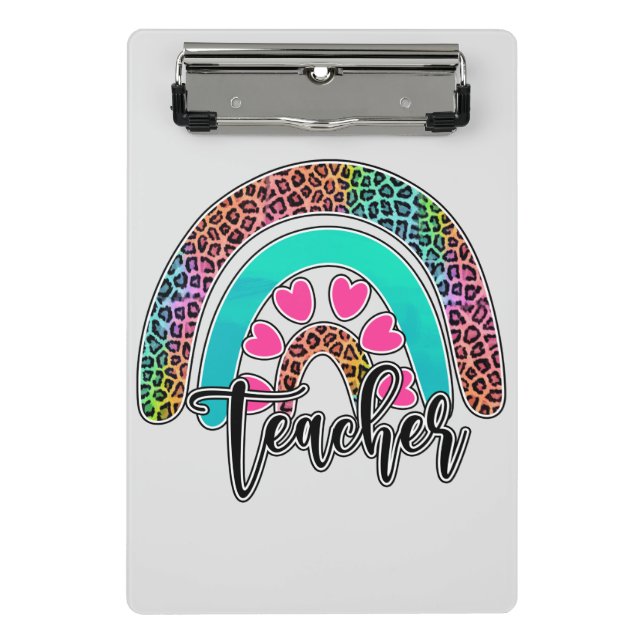Teacher Rainbow – Colourful Leopard Print Mini Clipboard (Front)