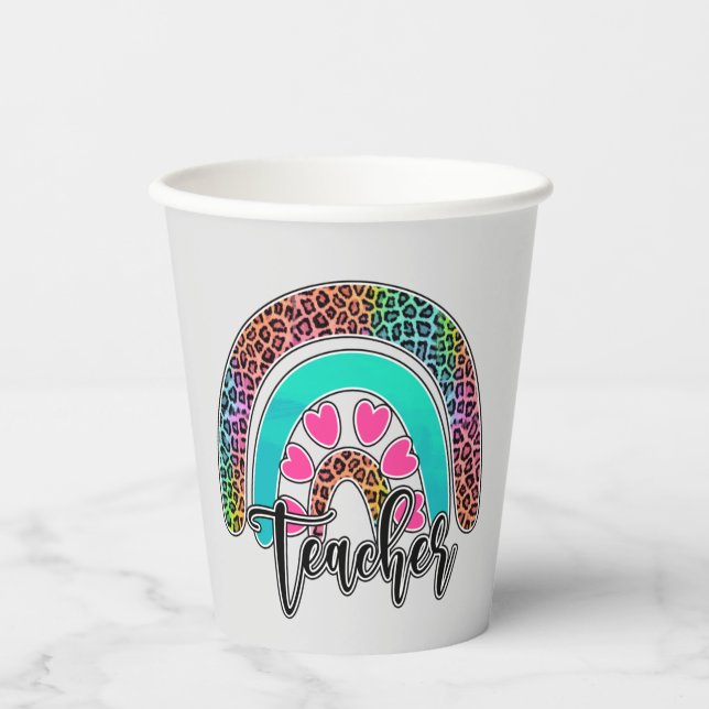Teacher Rainbow – Colourful Leopard Print Paper Cups (Front)