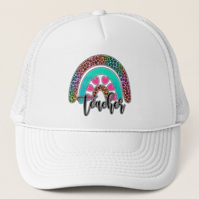 Teacher Rainbow – Colourful Leopard Print Trucker Hat (Front)