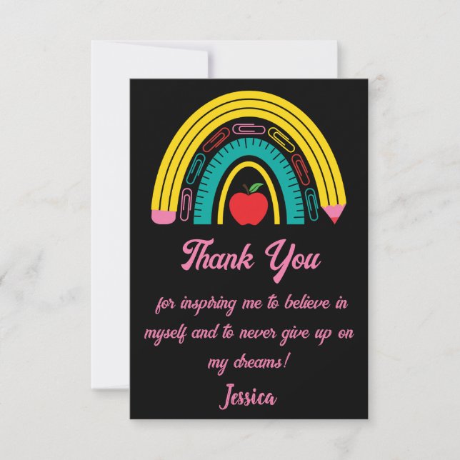 teacher rainbow school supply pink black thank you card (Front)