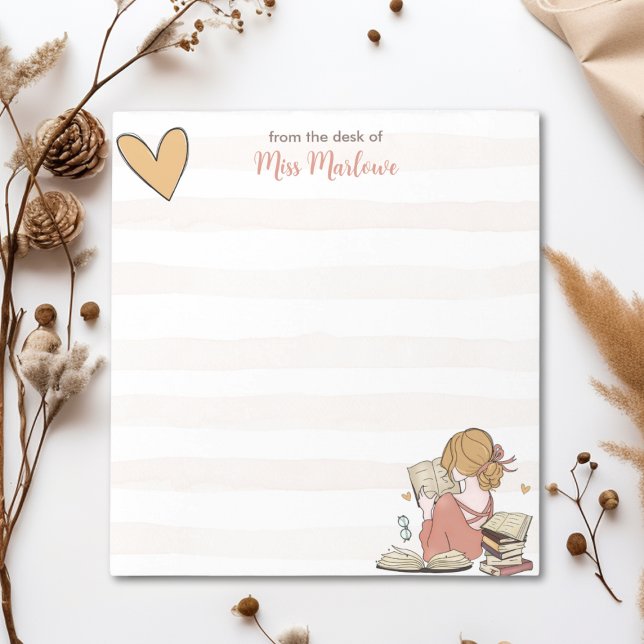 Teacher Reading Book Stacks Striped Personalized Notepad (This Teacher Reading Book Stacks Striped Teacher Appreciation Notepad makes a great teacher gift.)