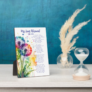 Teacher Retirement keepsake with rainbow dandelion Plaque
