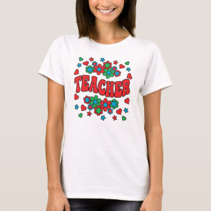TEACHER-Retro Groovy, Flowers, Hearts, Stars T-Shirt