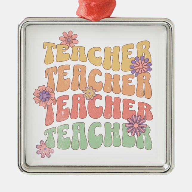 Teacher retro style text design metal ornament (Front)